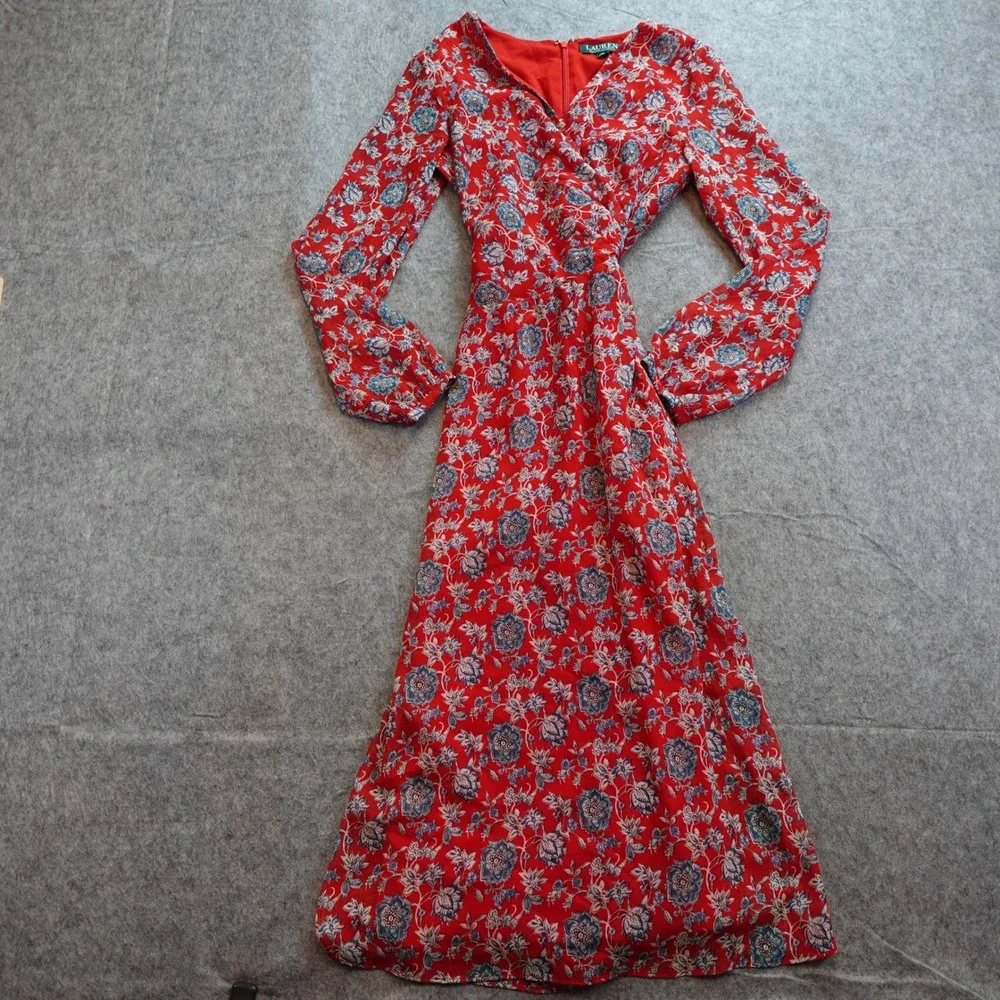 Ralph Lauren Dress Womens 4 Petite Red Floral Fit Flare Midi Georgette Puff Slv - Picture 2 of 11